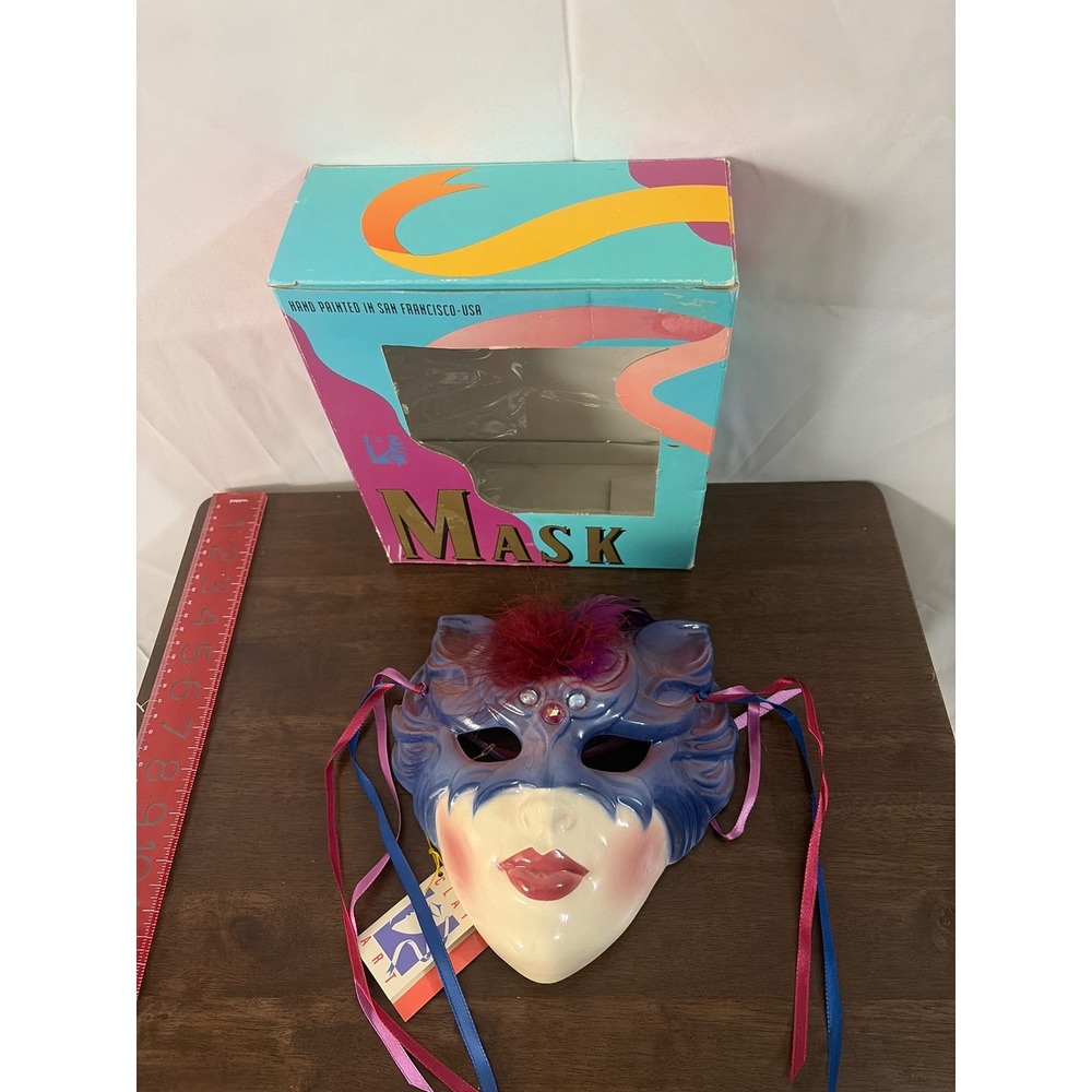 Vintage 1990 Clay Art San Francisco Ceramic Cat Masquerade Mask Hand Painted Box